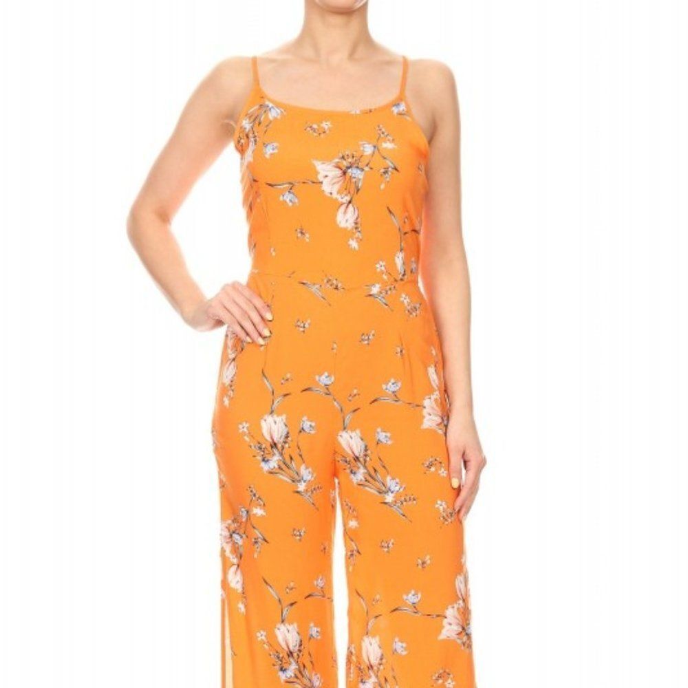 Shosho size small orange floral tie back jumpsuit with slit lower legs